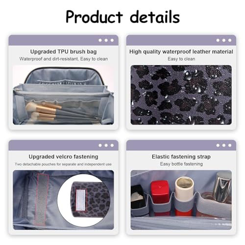 Travel Makeup Bags Organizer for Women: 3 Pcs Set Cosmetic Bag - Large Make up Bag with Compartments - Flat Open Waterproof Leather Toiletry Bags for Skincare, Brushes & Travel Essentials - Purple - color: 04-Purple