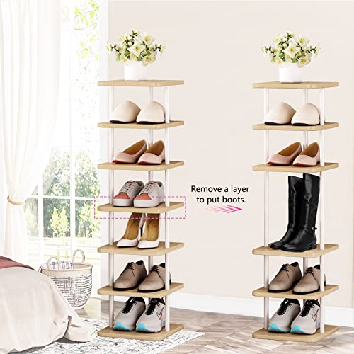 SORCEDAS 7 Tiers Vertical Shoe Rack Wooden Shoe Storage Organizer for Space Saving Narrow Shoe Shelf Storage 7 Pairs for Entryway Living Room Bedroom(White+Oak) - color: White, size: 7 Tier-Standard