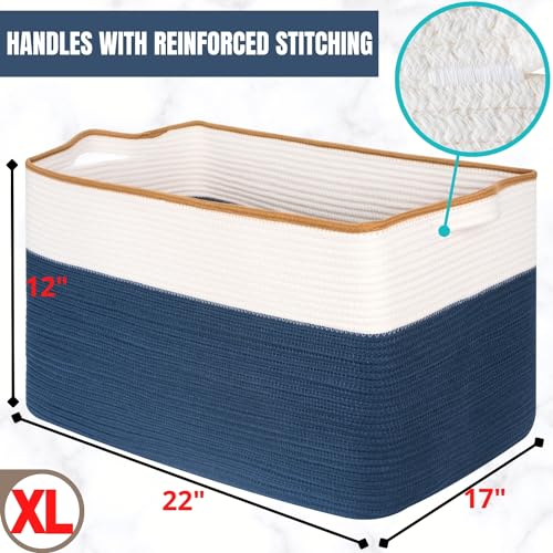 MINTWOOD Design 22in Extra Large Blanket Basket Holder Living Room, Rectangle Rope Woven Storage Basket with Handles for Laundry, Pool Towels, and Shoes, Dog Toy Organizer Bin Box, Prussian Blue - color: Prussian Blue