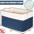 MINTWOOD Design 22in Extra Large Blanket Basket Holder Living Room, Rectangle Rope Woven Storage Basket with Handles for Laundry, Pool Towels, and Shoes, Dog Toy Organizer Bin Box, Prussian Blue - color: Prussian Blue