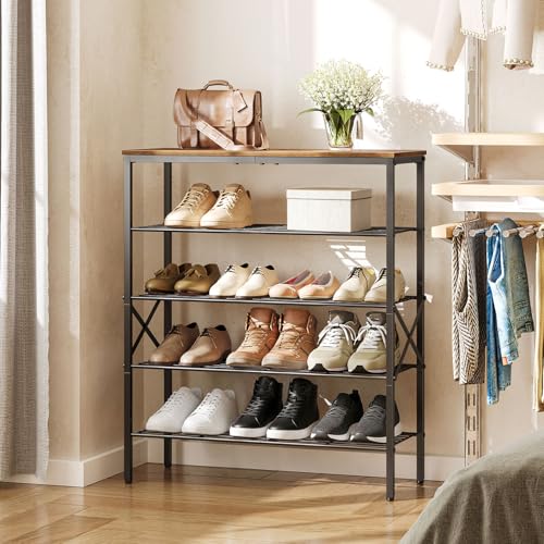 YATINEY 5-Tier Shoe Rack, Shoe Storage for Entryway and Closet, Free Standing Shoe Organizer with Metal Mesh Shelves, 16-20 Pairs of Shoes, Rustic Brown and Black SS05BR - color: Rustic Brown + Black, size: 27.8" x 10.8" x 32.7"