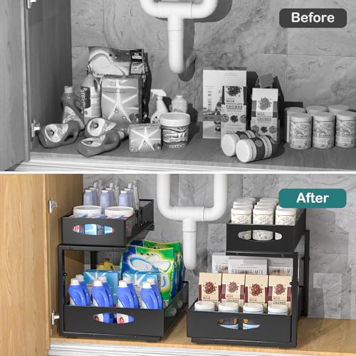 Housolution 1 Pack Large Under Sink Organizer, 2 Tier Metal Pull Out Under Sink Storage with Sliding Mesh Drawers, Height Adjustable Slide Out Under Cabinet Organizer for Kitchen Bathroom, Black - color: Black, size: 1 Pack, Large-12.2in Wide