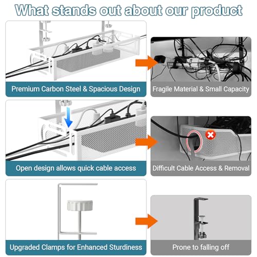 No Drill Under Desk Cable Management Tray, SONATURE 15.7" Cord Organizer for Table, Clamp Mount Desk Cable Management, Premium Carbon Steel Cable Organizer for Office, Home (White) - color: White, size: 15.7 inchs