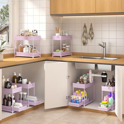 Sevenblue 3 Pack Under Sink Organizers, 2-Tier Multi-Use Kitchen and Bathroom Organizers and Storage with Sliding Drawers, Bathroom Cabinet Organizer (Pink, 12.8 Inch) - color: Pink, size: 12.8 Inch