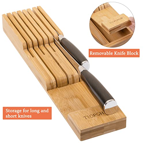 TIOPGHAD Bamboo-Silverware-Drawer-Organizer-Kitchen, Expandable Utensil Holder Cutlery Tray Flatware Organization Adjustable Wood Tableware Dividers Storage (with Removable Knife Block)(Natural) - color: Natural, size: Large