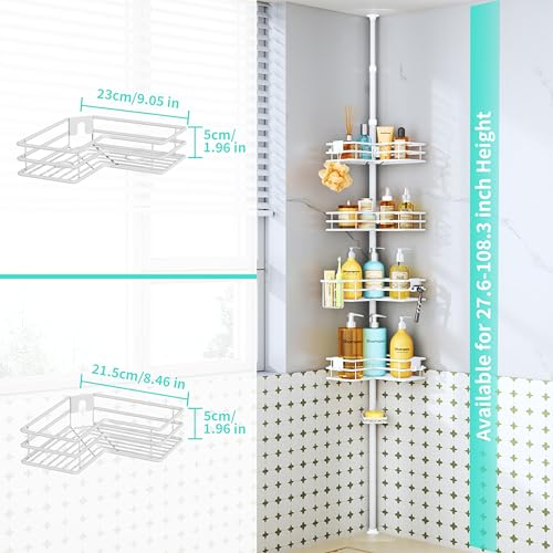 HapiRm Corner Shower Caddy Organizer - Shower Organizer Corner with Soap Holder, Toothbrush Holder and 4 Hooks, Rustproof Bathroom Shelf Tension Pole Available for 27.6 to 108.3 Inch - White - color: White