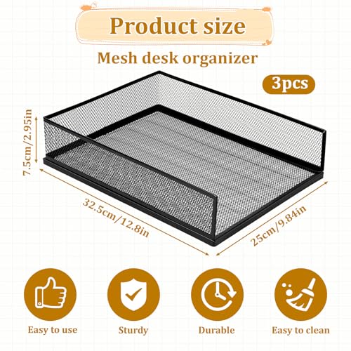 3 Pcs Black Metal Letter Tray, 3-Tier Stackable Paper Tray, Metal Mesh Desktop Organizer, Single Wire Mesh Organizer Front Load File Paper Holder, File Document Storage Rack for Office, School, Home