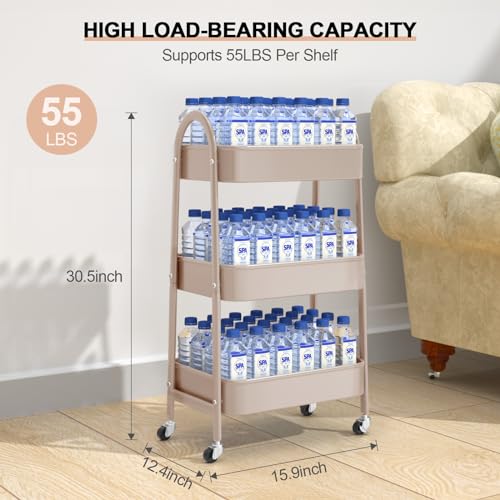 EAGMAK 3 Tier Utility Rolling Cart, Metal Storage Cart with Handle and Lockable Wheels, Multifunctional Storage Organizer Trolley with Mesh Baskets for Kitchen, Living Room, Office, Garage (Beige) - color: Beige, size: Normal