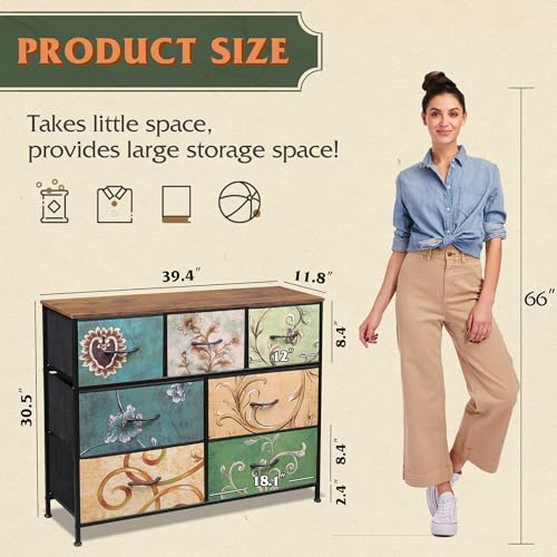 WLIVE 7 Drawer Dresser TV Stand, Entertainment Center, Media Console Table with Metal Frame and Wood Top for TV up to 45 inch, Chest of Drawers for Bedroom, Living Room, Floral Painted - color: Floral Painted