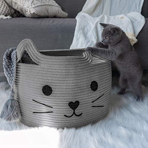 Large Woven Cotton Rope Storage Basket, Baby Laundry Basket Organizer for Towels, Blanket, Toys, Clothes, Gifts | Pet Gift Baskets for Cat, Dog - 15.7" L×11.8" H, Gray - color: Gray, size: 15.7"W x 11.8"H