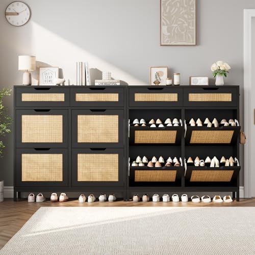 Jocoevol Rattan Shoe Cabinet for Entryway with 4 Flip Drawers and 2 Drawers, Narrow Freestanding Shoe Storage Cabinet with Metal Legs for Entryway/Hallway/Foyer (Black) - color: Black