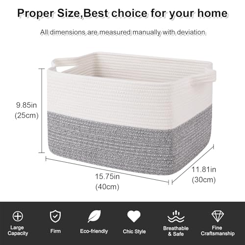 OIAHOMY Woven Storage Basket for Shelves, Rectangle Cotton Rope Baskets for Organizing, 16 x 12 x 10 in, Storage Bins for Dog Toys,Towel,Books,Gift,Grey and White - color: Grey and White, size: 16"x12"x10"