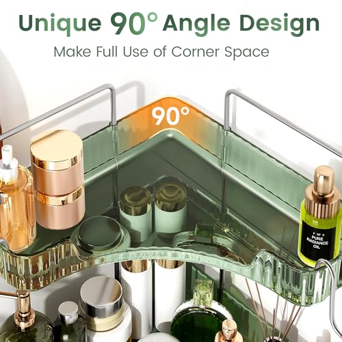 3-Tier Green Corner Organizer, PET Counter Storage with Hooks | Multi-Surface Organizer for Bathroom Vanity & Kitchen Countertop - color: Green, size: 3 Tier