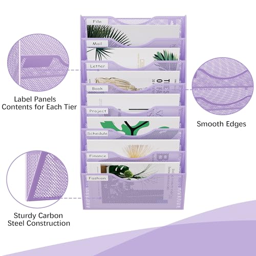 EasyPAG 8 Pocket Mesh Wall File Organizer, Hanging Paper Folder Holder with Classify Label, Vertical Wall Mount Mail Organizer for Office Home Classroom, Purple - color: Purple, size: 8 Tier