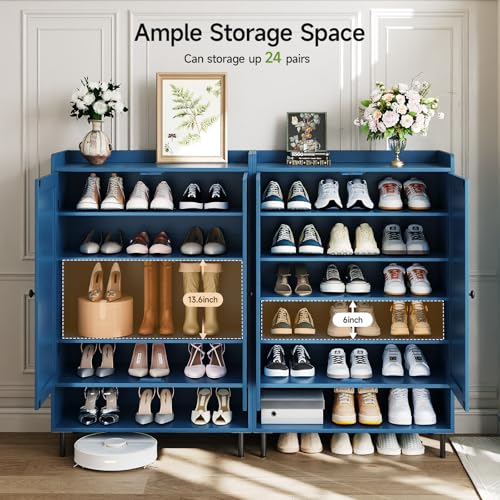 ComfyCorner Blue 7+1 Tier Farmhouse Shoe Storage Cabinet - 45" Tall Entryway Organizer with Cross Molding Doors, 3 Adjustable Shelves & Metal Legs, Shoe Rack for Front Door Entrance - color: Blue
