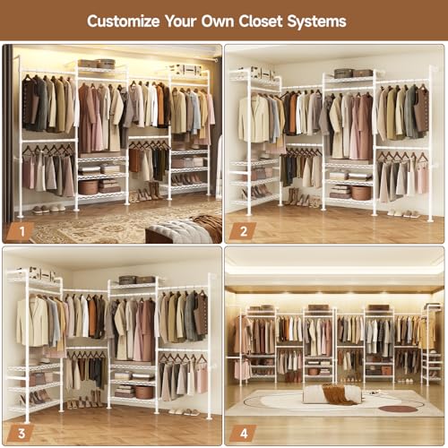 ComfyCorner Wall Mounted Garment Rack, Industrial Pipe Metal Clothing Rack with 6 Hanging Rods (4 Expandable) & 8 Shelves, Closet Organizers and Storage System for Bedroom, Walk in Closet - color: White