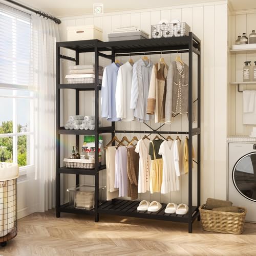 Homykic Bamboo Closet System, Heavy Duty Clothing Rack for Hanging Clothes, Freestanding Clothes Rack with 7 Adjustable Shelves & 2 Rods, 4 Hooks, Open Wardrobe Organizer Garment Rack, Dark Black - color: Dark Black, size: 1-Pack