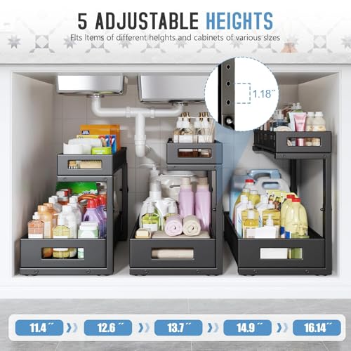 2 Pack 20.47IN Depth Under Sink Storage Organizer, Large 2-Tier Elegant Mesh Pull Out Shelf for Kitchen and Bathroom Cabinet Organization, L-Shaped and Adjustable Height Design-Black - color: Black, size: 2 Pack-20.47"Dx11.4"-16.14"H