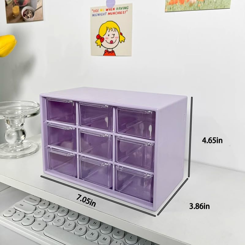 Desk Organizers Box with 9 Compartments – Plastic Desktop Drawer Storage Box, Storing Organizer for Hardware, Beads, Makeup, Office, and Craft Storagew(Purple)