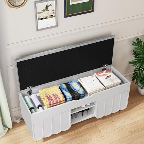 3More 40" Entryway Shoe Storage Bench,Upholstered Hidden Space Beneath Seat Cushion Bench,2-Tier Unique Geometric Shape with Wood Grain,White - color: White