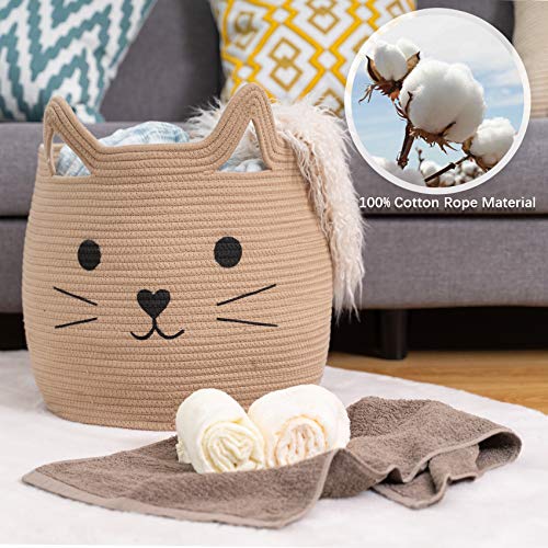 VK VK·LIVING Animal Baskets Large Woven Cotton Rope Storage with Cute Cat Design Laundry Organizer for Towels, Blanket, Toys, Clothes, Gifts – Cat Toy Box Pet or Baby Gift Baskets 15"Lx14H" - color: Jute, style: Jute Cat
