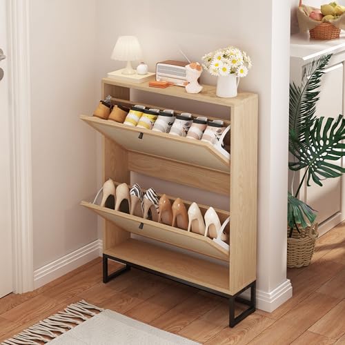 Shoe Cabinet Storage for Entryway, Hidden Narrow Shoe Cabinet with Flip Drawers, Freestanding Shoe Rack Organizer with Metal Base (Natural, 2-Drawer-No Divider) - color: Linen-natural, size: 2-Drawer-No Divider
