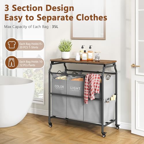 Hoctieon 3 Section Laundry Sorter Cart with Ironing Board, Laundry Hamper with Shelf and Rolling Wheels, Heavy Duty Laundry Basket Organizer, Large Clothes Separator Hamper with Removable Bags, Gray - color: Gray