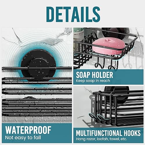 TAILI Shower Caddy Suction Cup with Hooks and Soap holder, Heavy Duty Bathroom Shower Organizer, No Drilling Bathroom Holder with Large Capacity, Metal Black Storage Basket - style: 1×Black