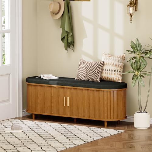 DHH 2-Tier Storage Bench,Wide Shoe Bench with Thickened Padded Seat Cushion, Mid Century Modern Fluted Sliding Door and Adjustable Shelf, for Entryway, Living Room, Bedroom (Yellow Walnut, 51.2”) - color: Yellow Walnut, size: 51.2 inch