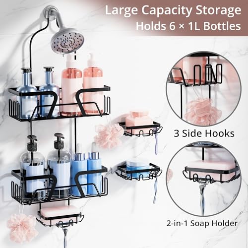 KEGII EXTRA Soap Holders x2 Shower Caddy Hanging, Never Rust Over Showerhead Organizer, Built in 9 Shaver Hanging hooks - style: Hanging Shower Caddy-5 Pack (Black)