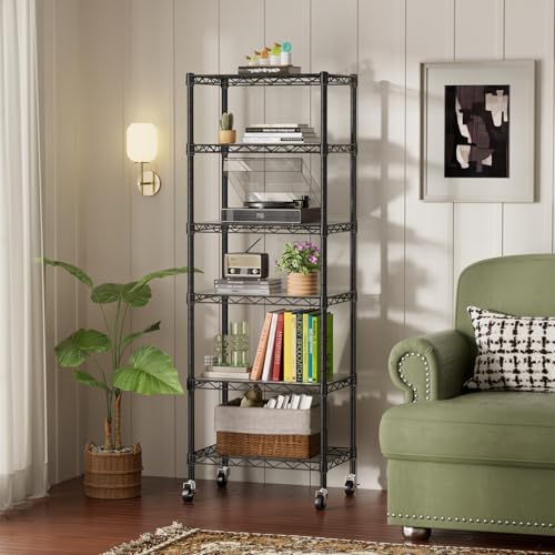 SINGAYE 6 Small Shelf Storage Wire Shelves Closet Bathroom Organizers Metal Pantry Kitchen Garage Shelving Unit Laundry Room Organization Home Narrow Rack Net Basket with Wheels Black - color: Black, size: 6Tier/11.5"D X 17.5"W X 61.5"H