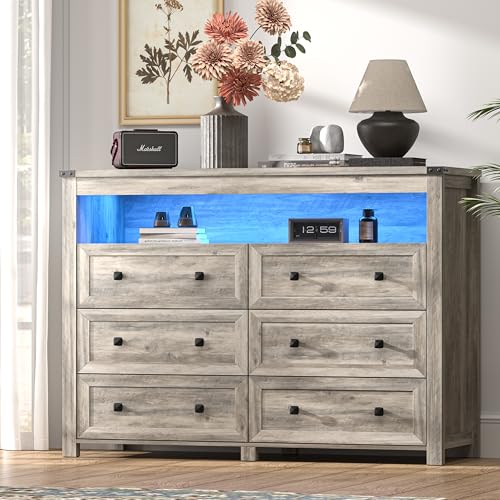 Dresser for Bedroom with 6 Drawers, Wide Chest of Drawers with LED Light and Power Outlet, Wooden Closet Organizer Clothes Storage Cabinet, Modern Double Dressers for Living Room, Hallway, Grey - color: Grey, size: 15.8"D x 47.2"W x 39.4"H (6 Drawers)
