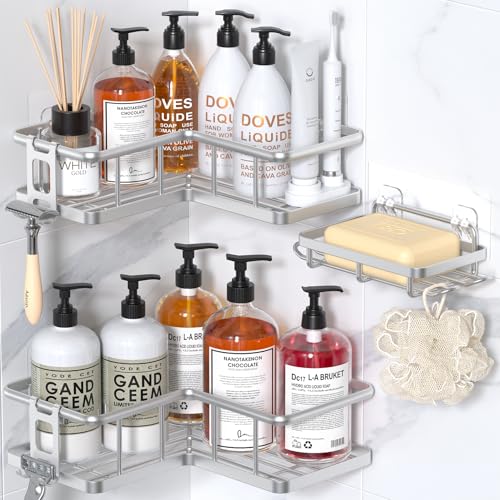 YASONIC Corner Shower Caddy Organizer, Self-Adhesive Rustproof Bath Shelves with Soap Holder & 4 Hooks, Large Capacity Shower Storage Rack for Bathroom Organization, (3Pack, Silver) - color: Silver, size: 3Pack