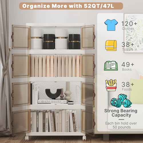 UAMFURI Stackable Storage Bins with Lids 192QT-48QT*4Pack Folding Storage box with Doors and Wheels, Collapsible Plastic Bins Stackable Organizer and Containers for Home, Garage, Office - color: white, size: 4PACK-20"W12"D44"H
