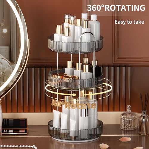 YCIA&DONE 360 Rotating Makeup Organizer and Storage for Vanity Countertop 3 Tiers, High Capacity Cosmetic Skincare Perfume Organizers for Dresser Bathroom Lazy Susan (Smoky Gray) - color: Smoky Gray, size: 9" (3 Tiers)