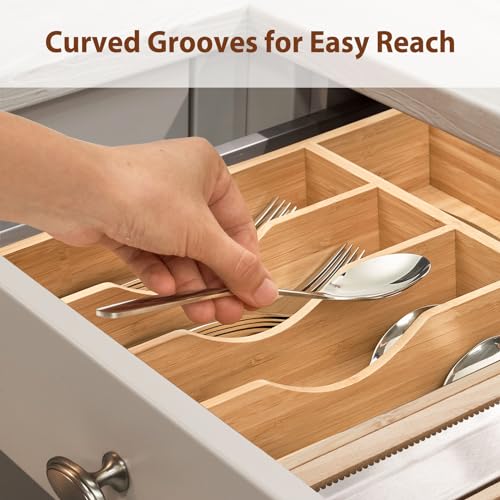 Umilife Kitchen Drawer Organizer, 10 Inch Silverware Utensil Tray Holder, Extra Deep, with Non-Slip Feet & Grooved Drawer Divider, 5 Slots Total Bamboo Wood Caddy for Flatware Cutlery Knives - size: 10 x 14 inch (5 Slots)