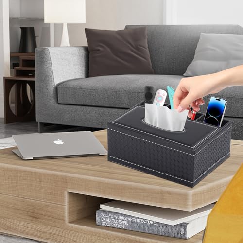 Tissue Box Cover Rectangle Black Tissue Box Holder PU Leather Facial Tissue Organizer,Multifunctional Remote Control Stationery Storage Box,Home Office Supplies Car Napkin Caddy - color: Multifunctional Tissue Box-black Weave