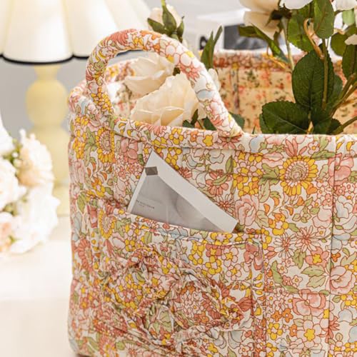 Quilted Fabric Basket Foldable Car Storage Boho Floral Laundry Basket Hamper for Nursery Bedroom & Living Room | Organize Clothes Toys - color: Pastel Wildflower Cottage