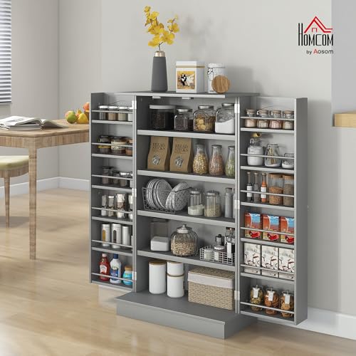 HOMCOM 41" Kitchen Pantry Storage Cabinet, Freestanding Kitchen Cabinet with 12 Door Shelves, Double Doors, 5-Tier Shelving and Adjustable Shelves, Gray - color: Grey, size: 41"H