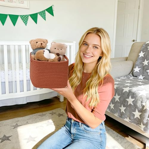 3 Pack Cube Storage Bin, 9”x9”x7” Cotton Rope Woven Baskets for Organizing Toys Clothes Towels, Square Gift Storage Baskets for Shelves, Nursery, Closet, Bathroom, Pantry (Red) - color: Red, size: 9" x 9" x 7"