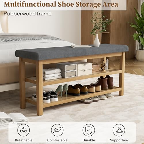 2 Tier Shoe Rack Bench with Cushion, Rubberwood Shoe Benches, Mid-Century Modern Shoe Storage Bench for Entryway, Hallway, Living Room, Closet, Front Door Entrance, Dark Grey - color: Dark Grey
