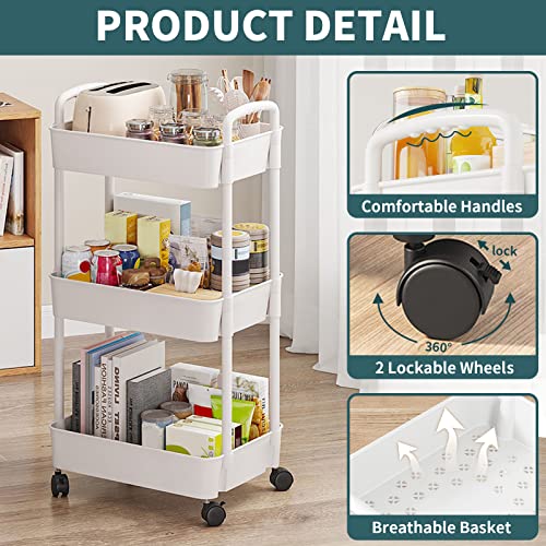 EZ COZY 3 Tier Rolling Cart, Plastic Diaper Cart Organizer with Wheels, Roller Cart for Diapers, Baby Nursery, Kitchen, Bathroom, Living Room and Bedside, White - color: White