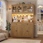 HIFIT 71" LED Kitchen Pantry Cabinet with Power Outlet, Large Kitchen Hutch Storage Cabinet with Arched Door & Shelves & 2 Drawers, Tall Modern Coffee Bar w/Hutch for Home Dining Living Room, Natural - color: Natural