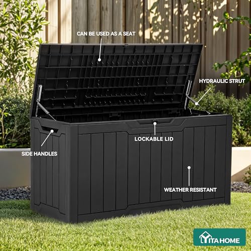 YITAHOME 80 Gallon Resin Deck Box, Weather Resistant Outdoor Storage Box, Lockable Indoor Outdoor Storage for Supplies and Essentials, Black - color: Black, size: 80 Gallon, style: Deck Box