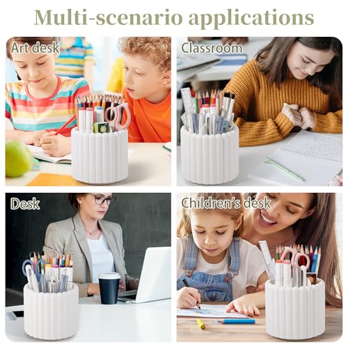 Anyoifax 360° Rotating Pen Holder 7 Slots Desk Organizer Removable Pencil Cup Plastic Art Supplies and Accessories Desktop Storage Box Caddy for Office, School, Home (White) - style: Stripe White