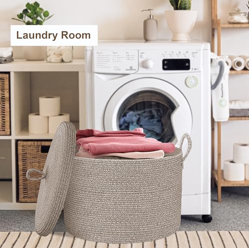 21" x 18" Extra Large storage baskets,Decorative blanket basket with lid for Living room,rope baskets with lid,wicker hamper for bedroom,Big,Round,Brow - color: Brow
