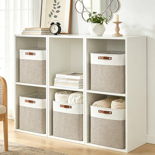 Bagnizer Large Fabric Storage Baskets | 50L Storage Bins, Decorative Linen Closet Baskets with Handles for Organizing, Shelf, Toys, Clothes, Home, Office, Nursery, 17x12x15Inches (Beige&White) - color: Beige / Off-White, size: Extra Large -17"x12"x15"