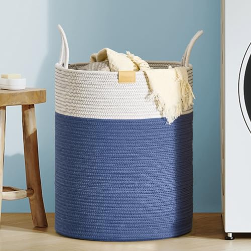 Nunsino Laundry Hamper 62L,Large Laundry Basket for Clothes,Decorative Storage Basket for Blankets,Cotton Rope Woven basket for bedroom,Navy Blue - color: Navy Blue, size: 62L/16.3Gal