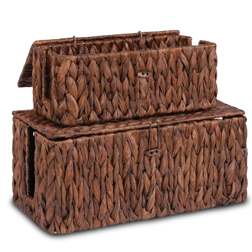 efluky 2 Pack Hand-Woven Cable Management Boxes, Water Hyacinth Cord Organizer Box with Lid, 2 Open Slots Cable Organizer Basket to Hide Power Strip and Charger for Home & Office and Dorm,Brown - color: Brown