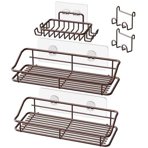 Nieifi Shower Caddy Shelf with Hooks Storage Rack Organizer Adhesive Stainless Steel without Drilling for Bathroom, Lavatory, Washroom, Restroom, Shower, Toilet, Kitchen (Brown, 3 Pack) - color: Brown, size: 3 Pack
